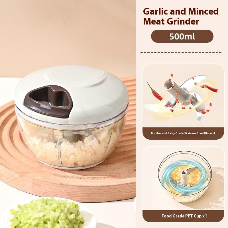 Food Chopper Hand Pull String Vegetable Cutter Onions Garlic Chopper Portable Food Mincer for Garlic Ginger Herbs Nuts Durable Kitchen Food Processor (500 ML)