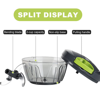 Vegetable Chopper Manual Food Processor with Pull Cord, 500 Ml Hand-Powered Kitchen Cutter for Garlic, Onion, Veggies & Fruits