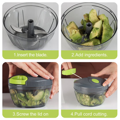 Vegetable Chopper Manual Food Processor with Pull Cord, 500 Ml Hand-Powered Kitchen Cutter for Garlic, Onion, Veggies & Fruits